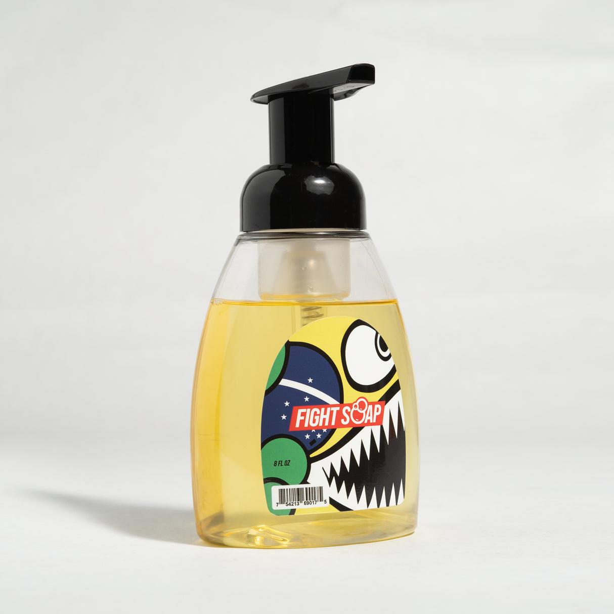 Brazilian Bully Foaming Hand Soap in a clear bottle with a black pump, featuring a colorful monster design and "Fight Soap" label.