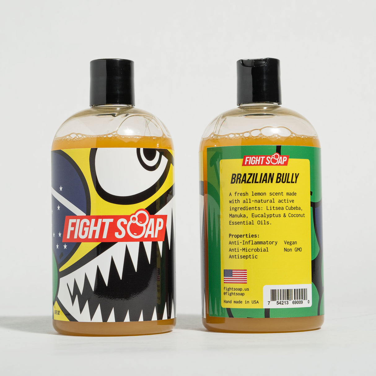 Two bottles of Fight Soap Brazilian Bully Body Wash with a lemon scent, featuring bold labels and black caps.