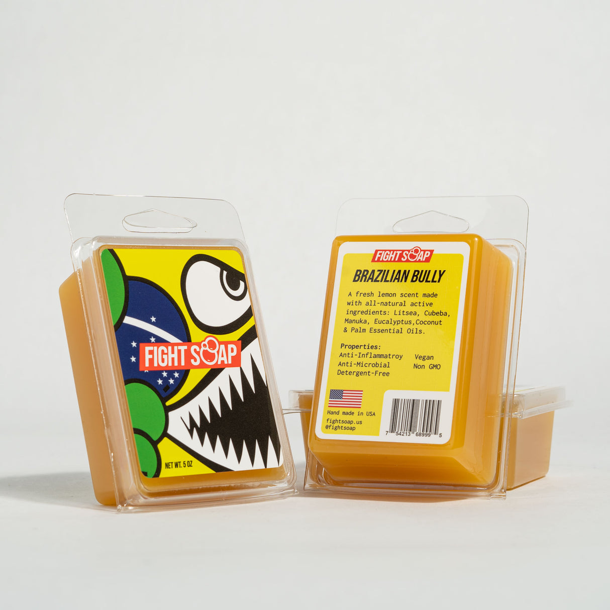 FIGHTER BUNDLE: Two bars of natural lemon-scented soap with bold packaging, featuring a fierce skull design and product details.