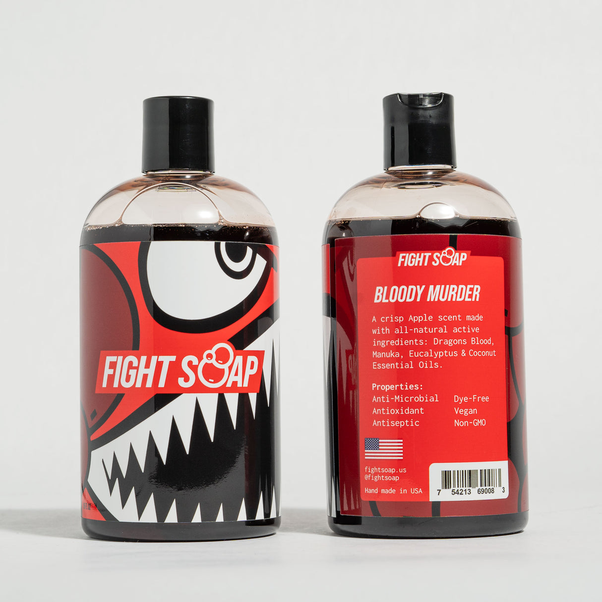 Bottle of Fight Soap Bloody Murder body wash with a red label, featuring a cartoonish, aggressive face design and product details.