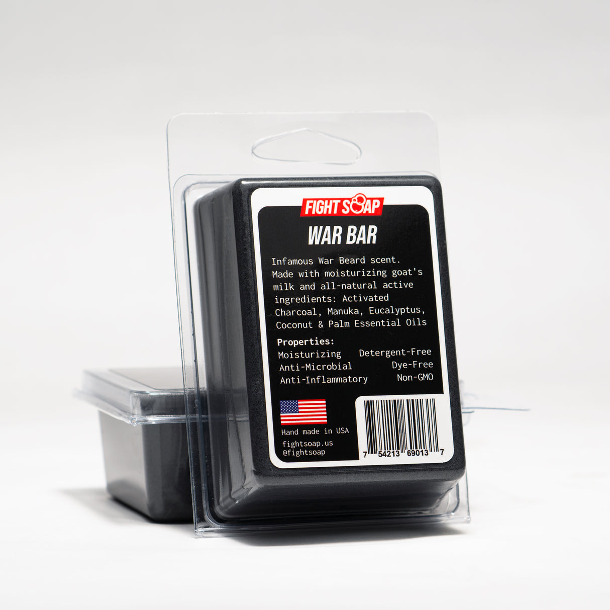 Black WAR BAR soap with Fight Soap label, featuring scent details, ingredients, and product properties on a white background.