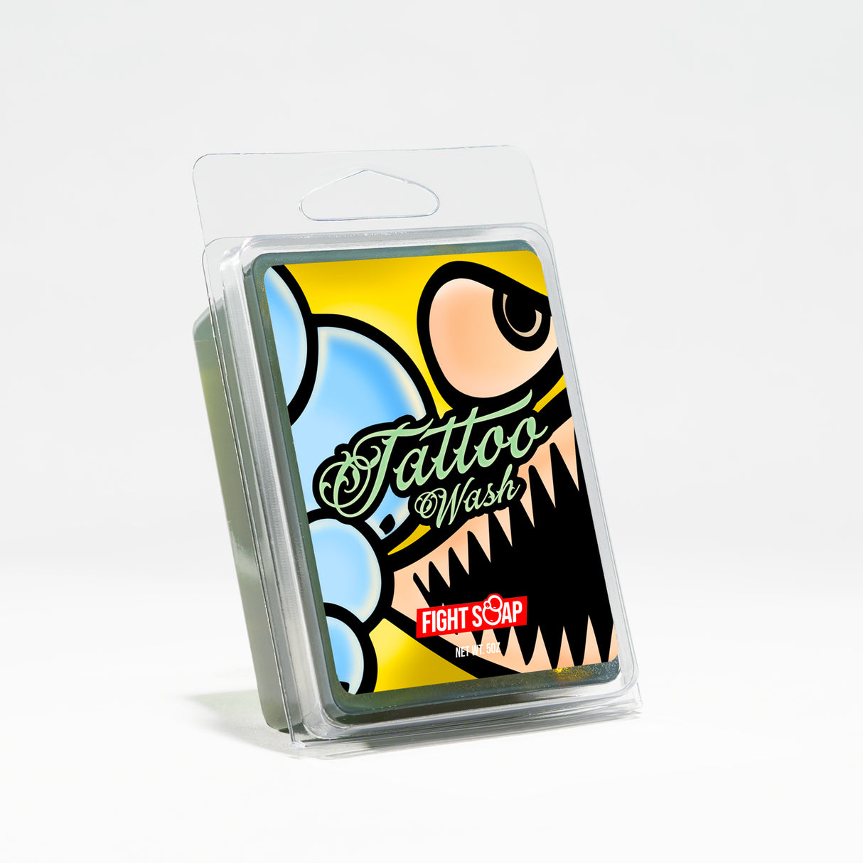 Tattoo Wash 2.0 product in a clear plastic case with colorful, cartoon-style artwork and bold text on the label.