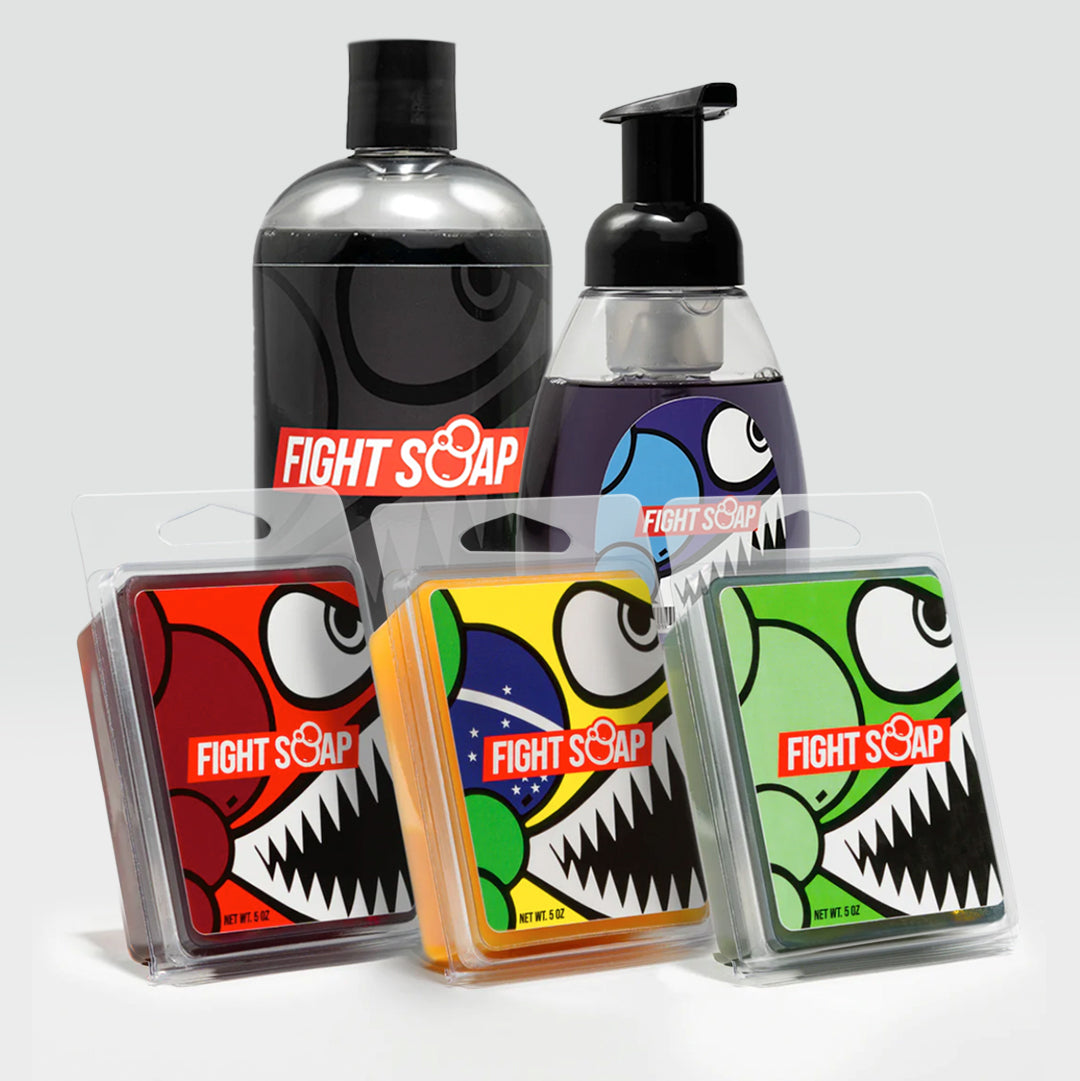 A Fight Soap starter set includes colorful soap bottles and cases featuring cartoon monster designs with bold teeth and eyes.