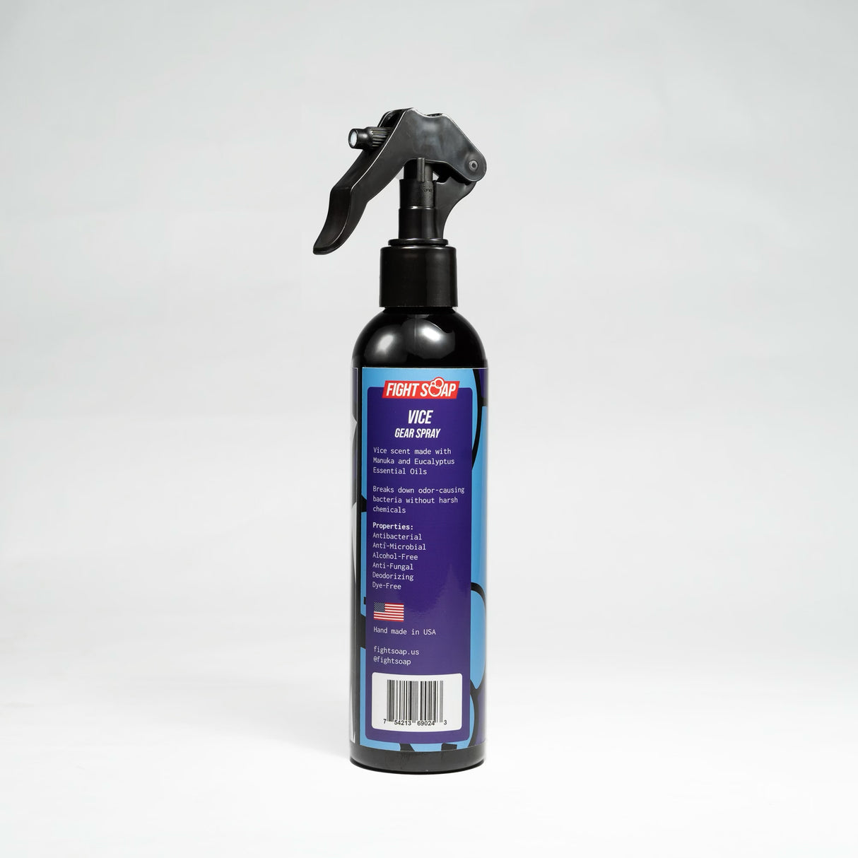 Black spray bottle labeled "Vice Gear Spray" with a trigger nozzle, featuring blue and red branding and product details.