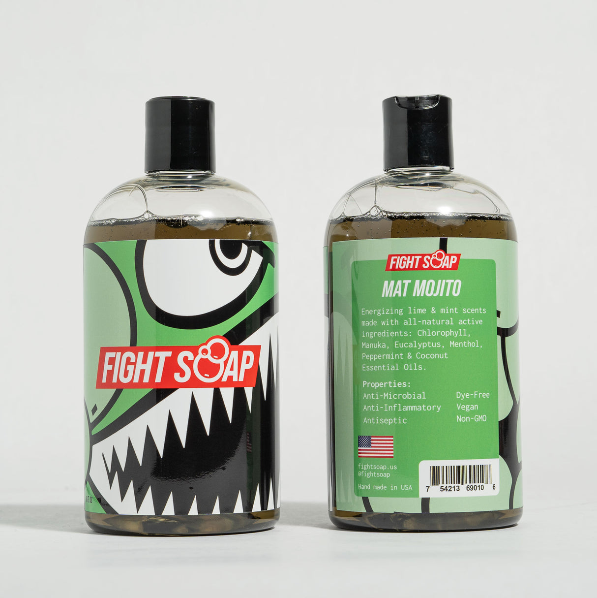 Two bottles of Fight Soap Mat Mojito body wash with green and black label featuring a shark design, against a white background.