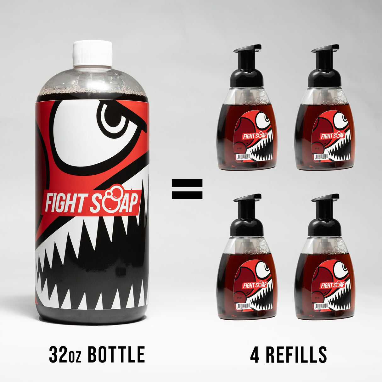 A 32oz foaming hand soap bottle with a bold, graphic design, shown equal to four refill bottles with pump dispensers.