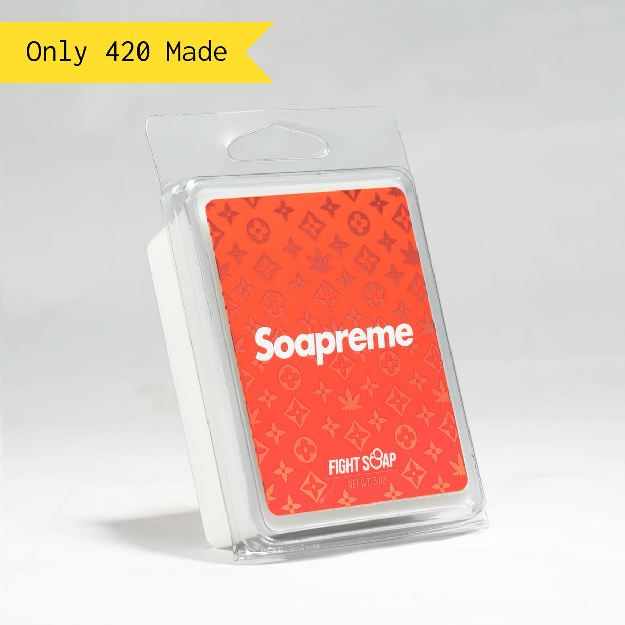 Clear plastic case with a red label featuring white "Soapreme" text, patterned with Louis Vuitton-inspired symbols.