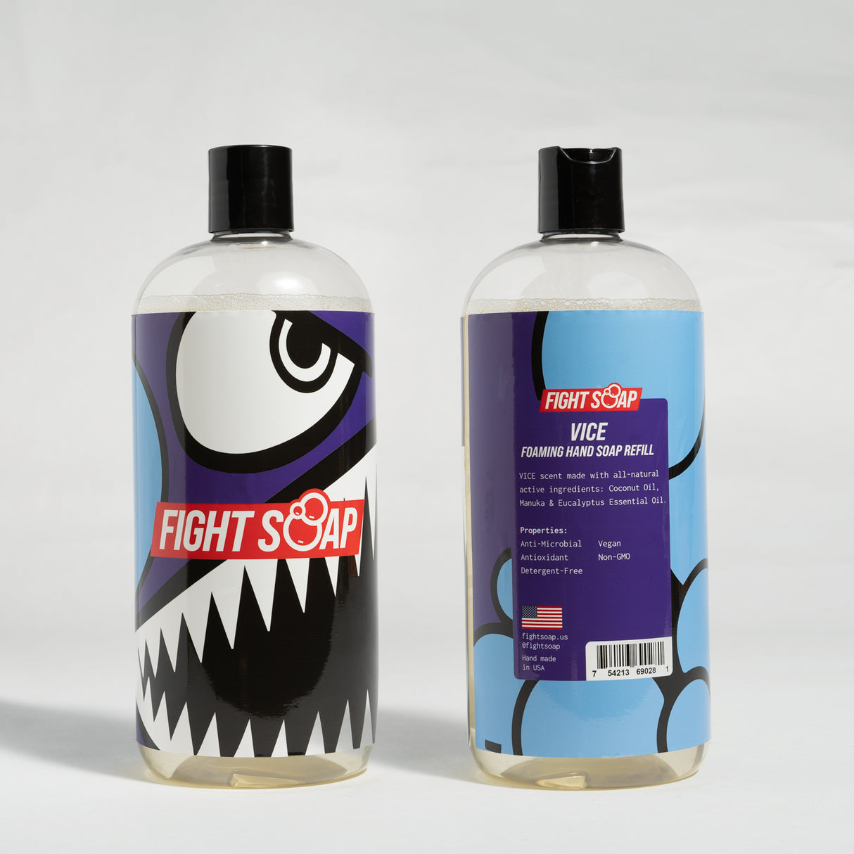 Two Fight Soap foaming hand soap refill bottles with colorful, cartoon-style labels, one showing front design and the other back details.