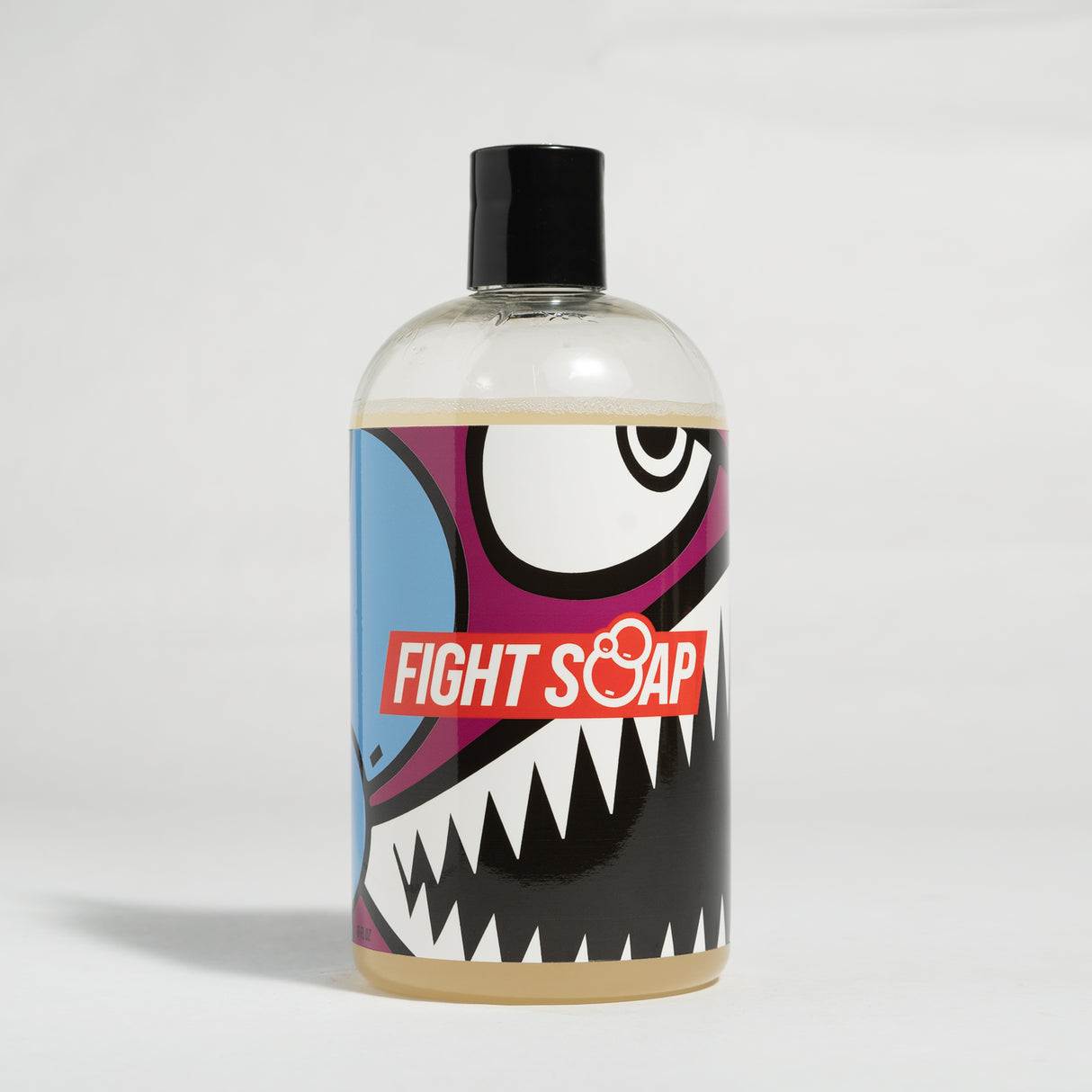 Vicious Vixen Fight Soap body wash bottle with a colorful, cartoon-style shark design and bold "Fight Soap" label on a white background.