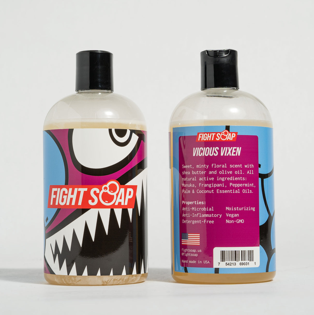 Vicious Vixen body wash bottle with a colorful, cartoonish shark design and Fight Soap branding on the label.
