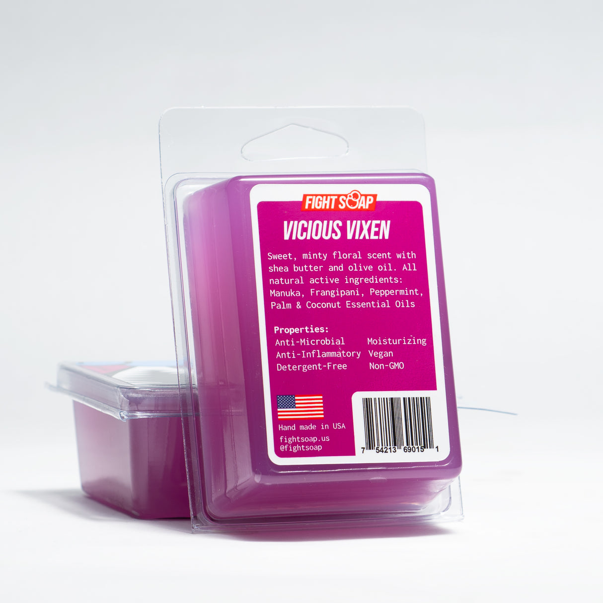 Vicious Vixen scented soap with floral notes, shea butter, olive oil, and natural ingredients, in purple packaging.