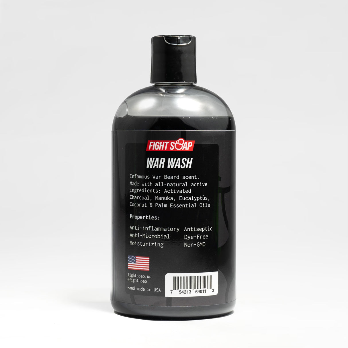 Black bottle of Fight Soap War Wash with a flip-top cap, featuring a label with product details and an American flag.