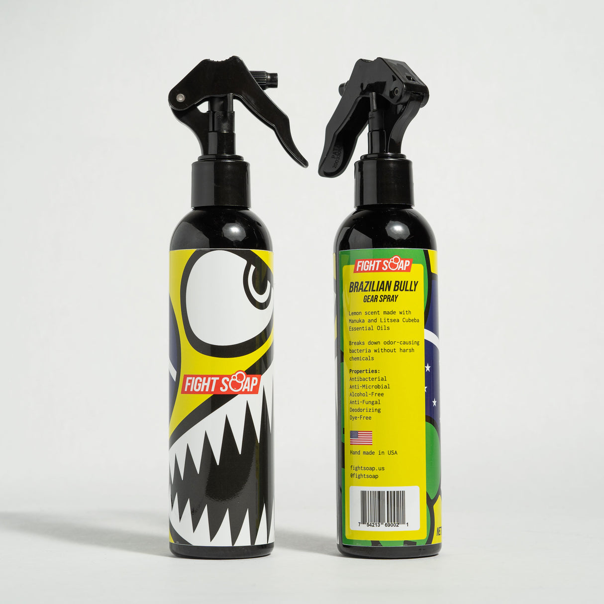 Two black spray bottles labeled "Fight Soap," featuring cartoonish monster designs, with one labeled "Brazilian Bully Gear Spray.