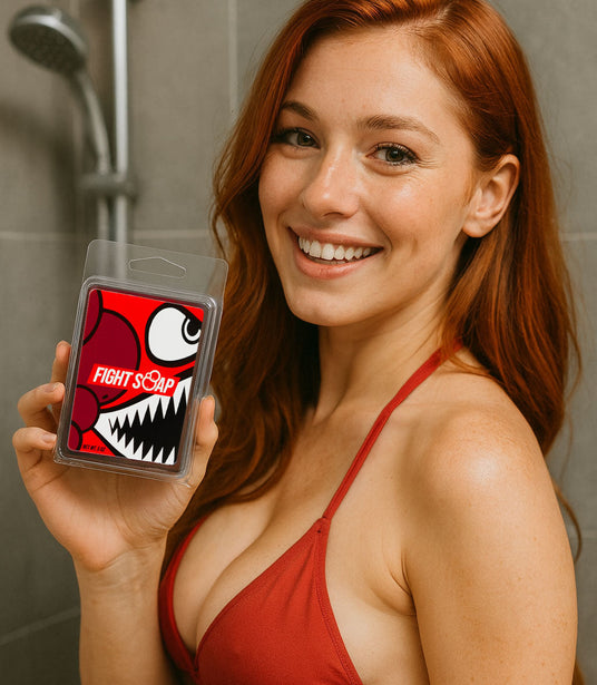 Girl with red hair and red bikini standing in shower holding red fight soap bar soap