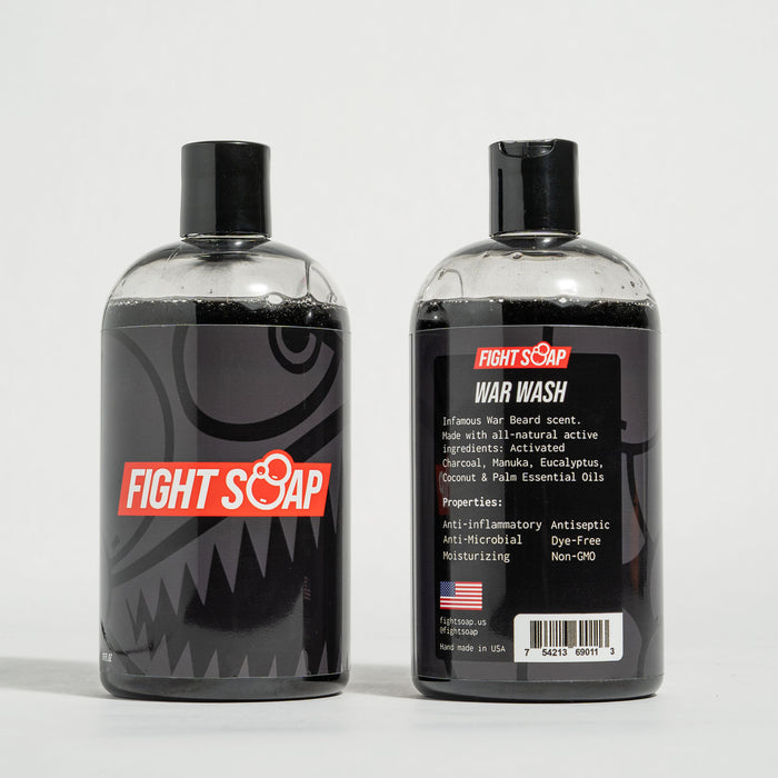 Two black bottles of Fight Soap War Wash with anti-inflammatory, antimicrobial, and moisturizing properties, featuring a skull design.
